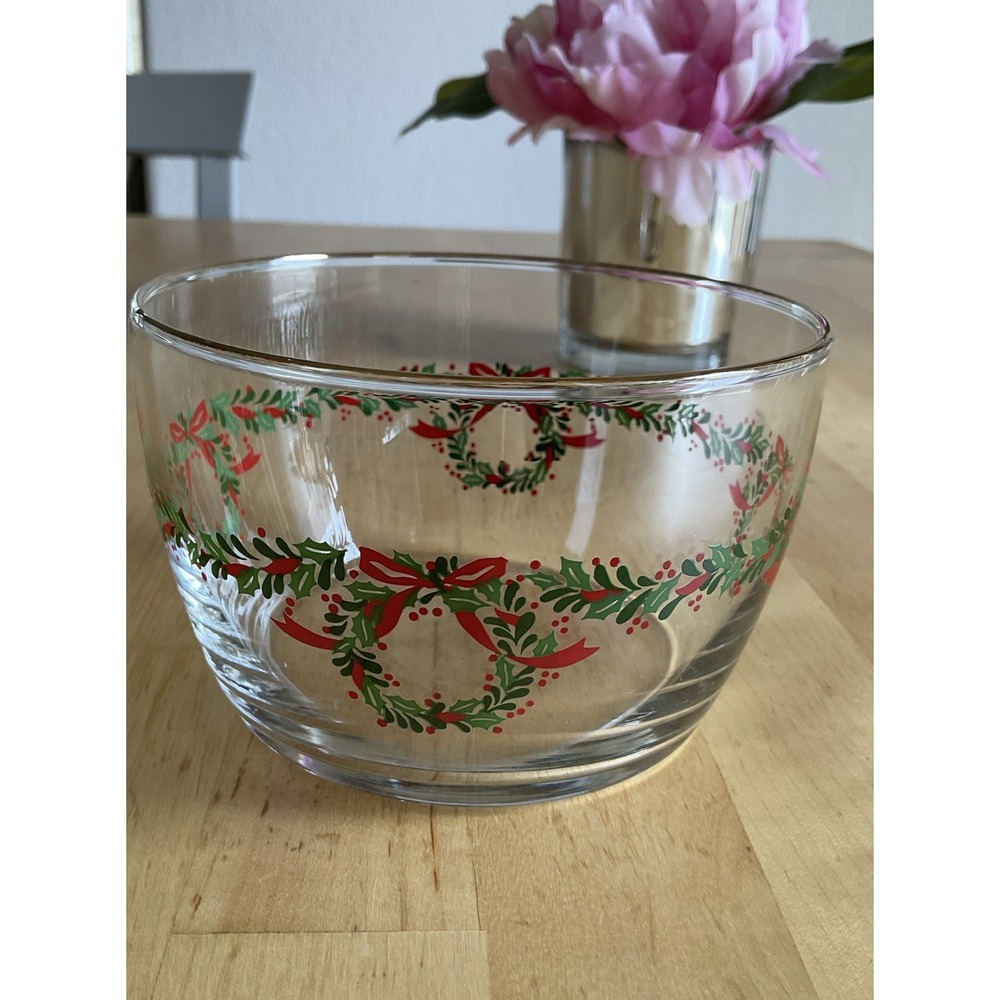 Libbey Clear Glass Christmas Holly Wreath Gold Rimmed Bowl Vintage